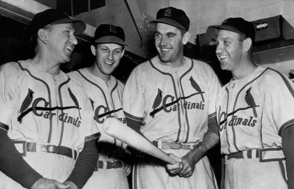 Eddie Dyer, Stan Musial, Lindell, and Enos Slaughter